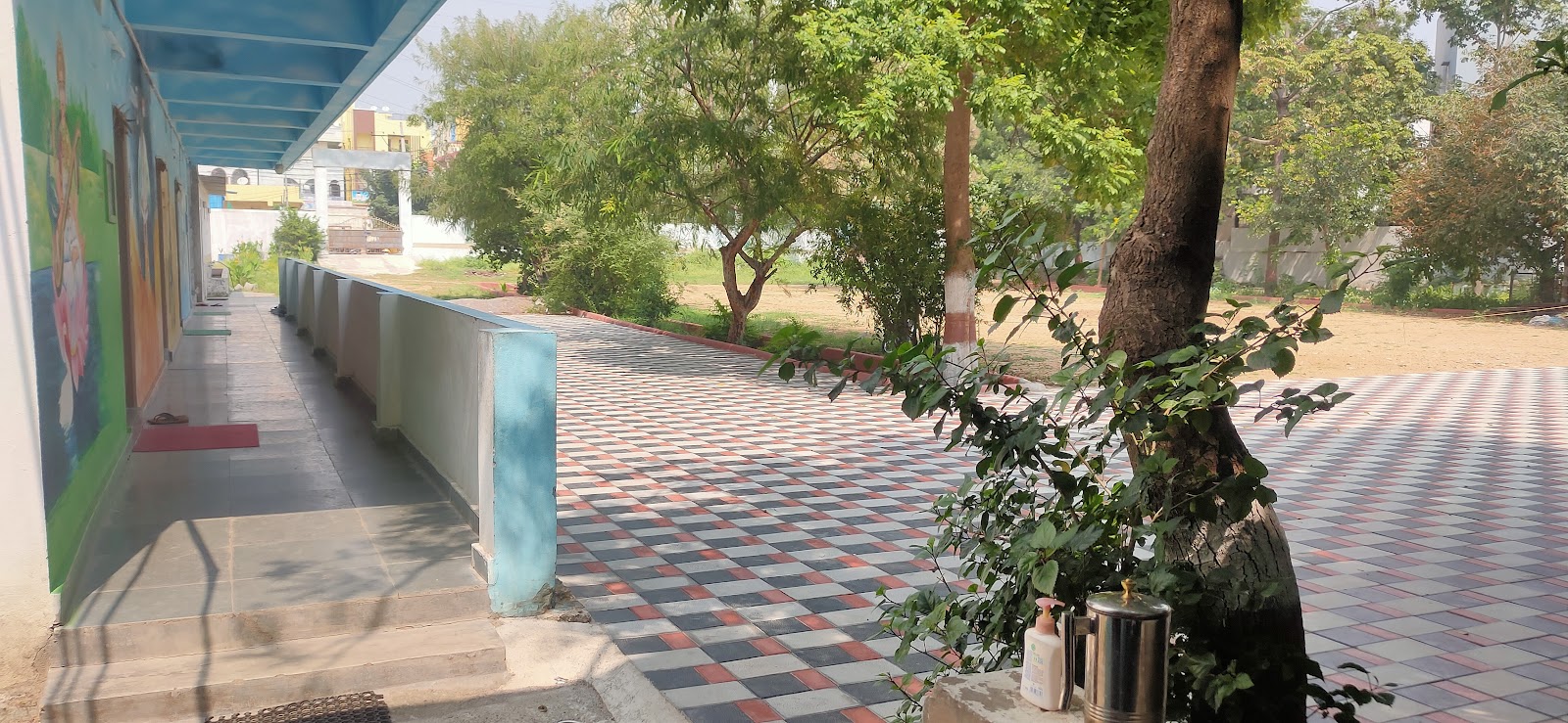 Covered walkway overlooking the school courtyard